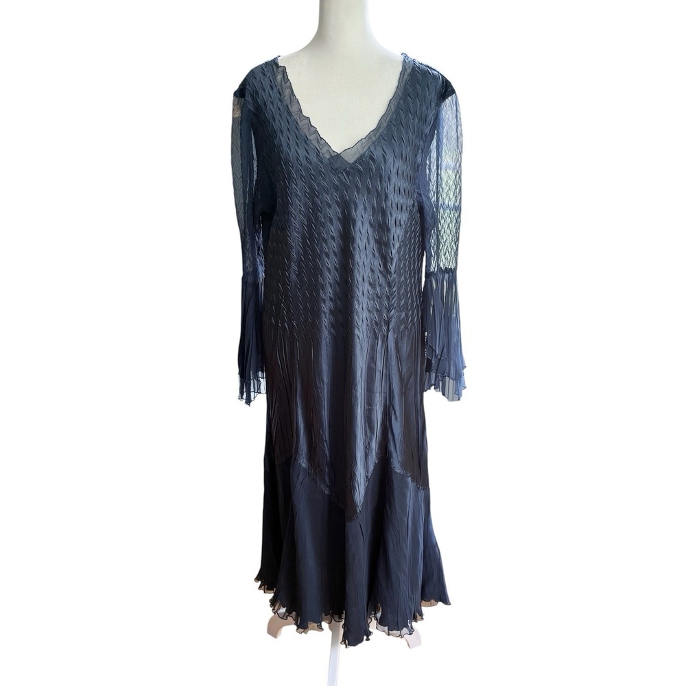Komarov Bell Sleeve Charmeuse Chiffon Midi Dress Blue Size L Whimsigoth Romantic